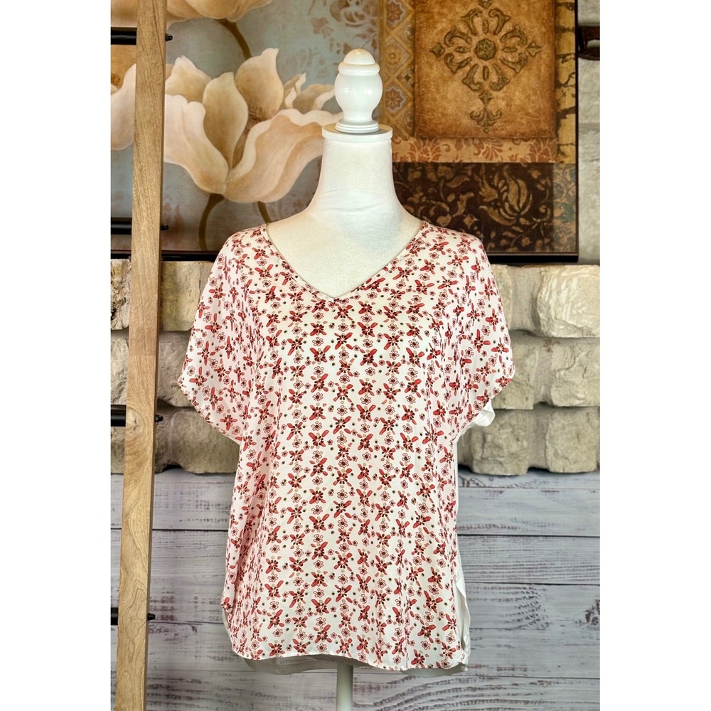 Loft Outlet Womens Petite Small SP Mixed Media Floral V-Neck Blouse Salmon Pink